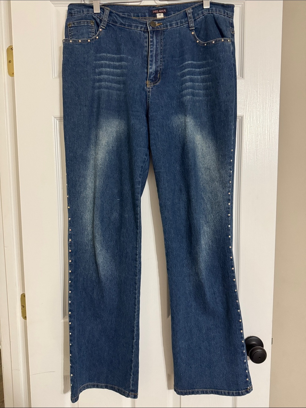 Women's Dark Blue Wide-Leg Jeans with Side Stud Trim